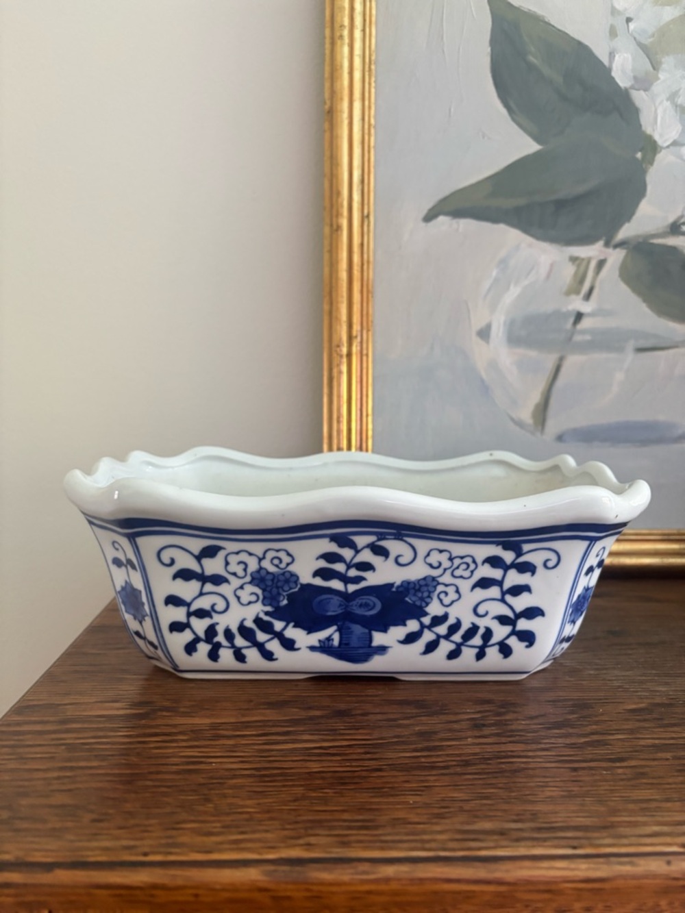 Chinoiserie Chic Ceramic Rectangular Floral blue and white planter